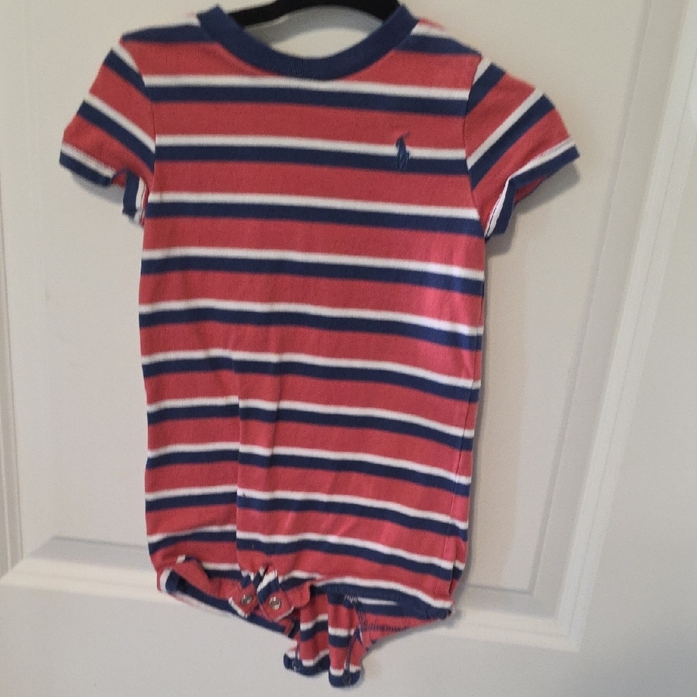 RALPH LAUREN Striped Red and Blue Baby Romper